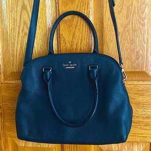 Kate Spade Black Crossbody Purse, Medium Size, with Striped Lining Interior.